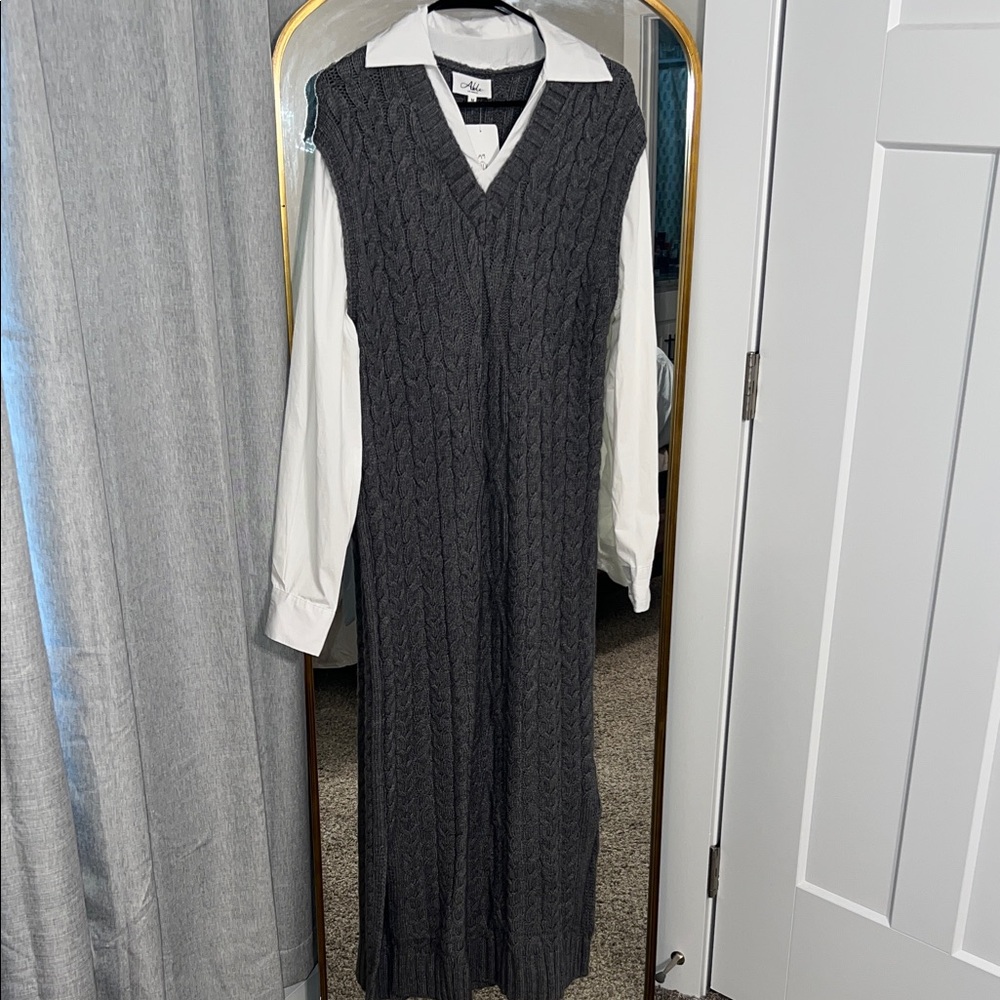 Able Gray Cable Knit Maxi Dress with White Shirt